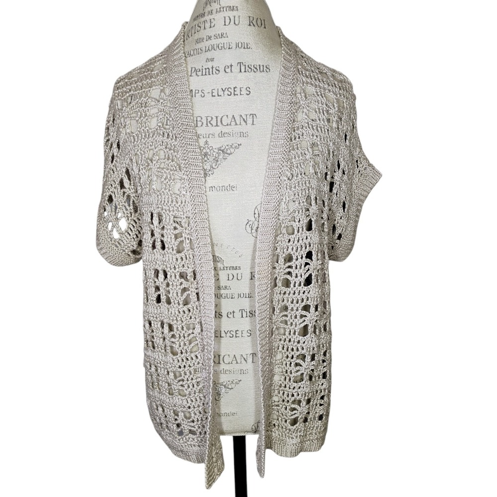 Coldwater Creek Open Knit Cardigan Womens 1X 18‎ Beige Short Sleeve Coastal Boho
